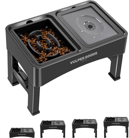 8720938984242 - Vulpes Goods® Pets - Futternapf Hund mit Ständer - Trinknapf Hund Anti Spill - Anti Chew Bowl Hund - Erhöhter Futternapf - 4 Höhen - Slow Feeder - Double - Schwarz
