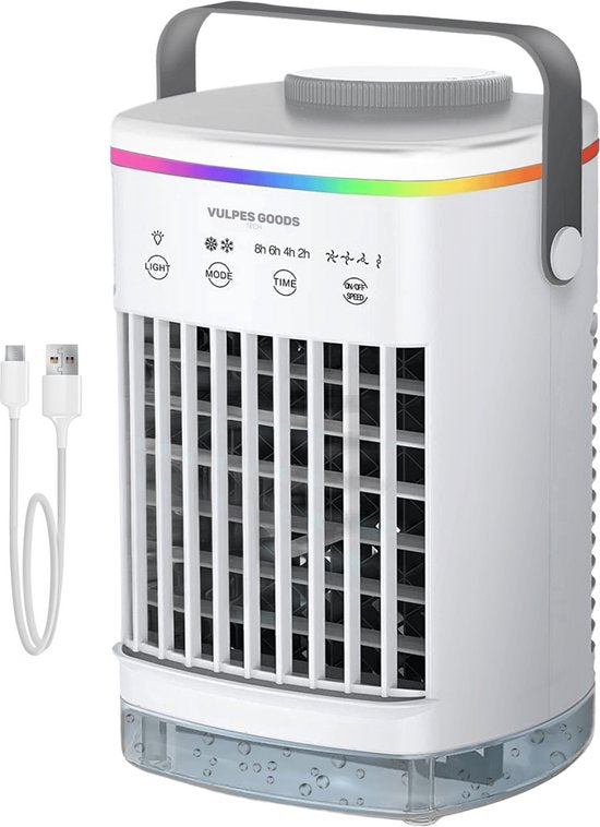 8720938984495 - Vulpes Goods® Tech - Mini Airco PRO - Mobiles Klimagerät - Luftkühler 4in1 - Luftkühler - Tischventilator - 4 Windgeschwindigkeiten 2 Befeuchtungsmodi & Timer - Auslaufsicher - Weiß