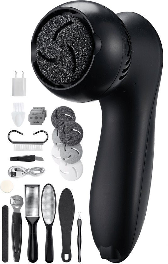 8720938984594 - Vulpes Goods® BeautyCare - Elektrischer Hornhautentferner PRO - Inkl 6 Hornhautscheiben - Hornhautentferner elektrisch - Professionelles Hornhautentferner-Set 10-teiliges Pediküre-Set und Reisetasche - Fußfeile - Usb aufladbar - IPX7 wasserdicht