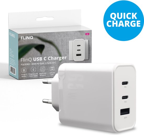8720955003391 - 65W Schnell-Ladegerät Adapter usb c - Schnell-Ladegerät Adapter iPhone - Schnell-Ladegerät Samsung - Schnell-Ladegerät Laptop MacBook - Adapter universal - PD GaN 2 USB-C & 1 USB-A - Weiß