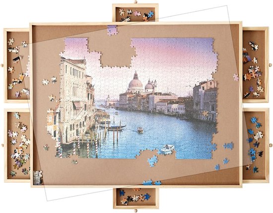 8720955003735 - Puzzlebrett mit Aufbewahrungssystem - Puzzlebrett mit Schutz - 6 Schubladen und Sortierfächer für 1500 Teile - Puzzlematte aus Holz - Puzzletisch - Portapuzzle