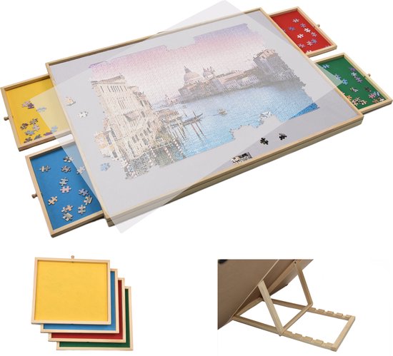 8720955008990 - Verstellbares Puzzlebrett mit Sortiersystem - Puzzlebrett mit Schutz - 4 Schubladen für 1500 Teile - Puzzlematte aus Holz - Puzzletisch - Porta-puzzle - 89x687x4 cm