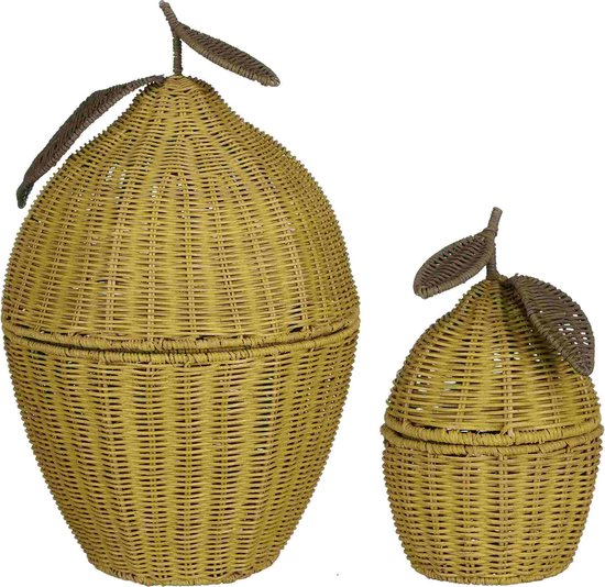 8720967785841 - Mica Decorations Aufbewahrungskorb mit Deckel - 2er-Set - H48 x Ø30 cm - Rattan - Gelb