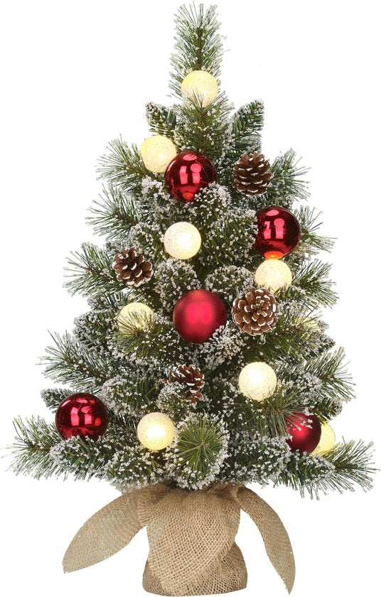 8720967812226 - Trees Kaprun Künstlicher Weihnachtsbaum aus Jute mit LED-Beleuchtung - H60 x Ø39 cm - Grün gefrostet Rot