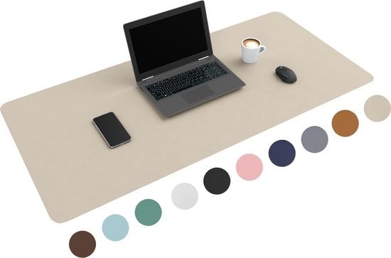 8720986030090 - WURK Professionelle Schreibtischunterlage Kunstleder - Schreibtisch-Organizer - Inklusive Kabelclip - Beige - 120x60