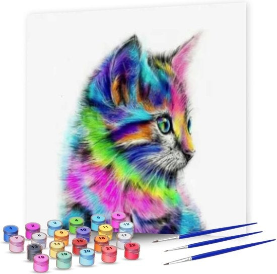 8720986030472 - Malen nach Zahlen Erwachsene - Bunte Katze - Inklusive Farbe und Pinsel - Leinwand Malerei Leinwand - Farbe nach Zahlen - 40x50cm