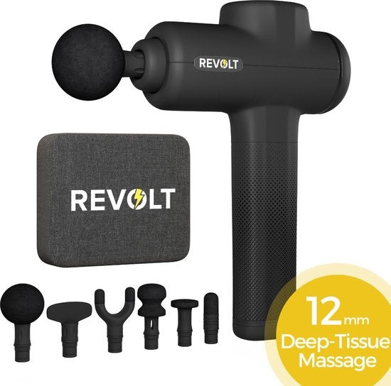 8720986030502 - Revolt® Luxus-Massagepistole - extra stark - für die Erholung der Muskeln und bei Verletzungen - hohe Amplitude - 6 verschiedene Geschwindigkeiten - 6 Aufsätze - Luxus-Aufbewahrungskoffer