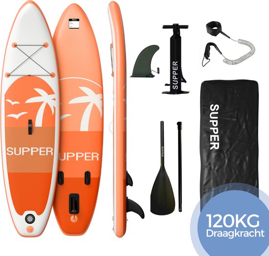 8720986031721 - Sup Board - Max 120KG - Aufblasbar - Paddle Board - Verstellbares Paddel - Pumpe - Flosse - Leash - Tragetasche - 285 x 76 cm - Orange