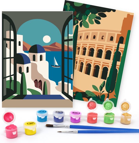 8720986033558 - Malen nach Zahlen Erwachsene - Italien - Inklusive Farbe und Pinsel - Leinwand Malen nach Zahlen - Doppelset - 15x20cm