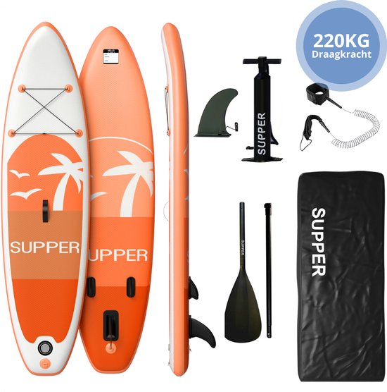 8720986033725 - Sup Board XL - Max 220KG - Aufblasbar - Paddle Board - Wasserdichte Handytasche - Pumpe - Flosse - Leash - Tragetasche - 335 x 81 cm - Orange