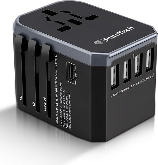 8720986670425 - Universal World Plug - Schnellladender Reisestecker mit USB-C und 4 USB-Anschlüssen - 2000 Watt - für mehr als 150 Länder einschließlich Amerika Großbritannien Südafrika und Italien - Schwarz