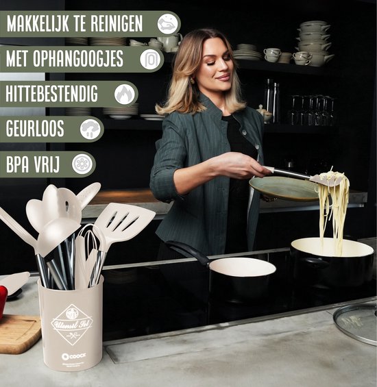 8721008015149 - Silikon-Kochgeschirr-Set mit Halter XL - Kochgeschirr-Set 26-teilig - BPA-frei & plastikfrei - aufhängbar - inkl Öffner - Beige