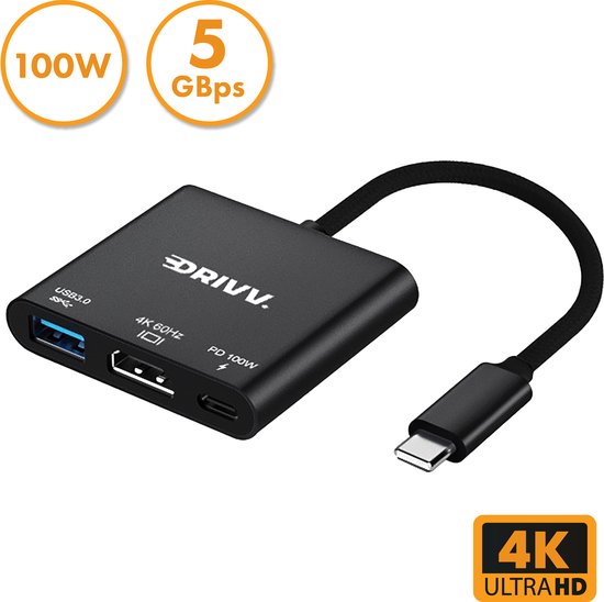 8721008212067 - USB C zu HDMI Adapter 3 in 1 - HDMI 4K 60hz - USB 30 - PDW 100w - Schwarz