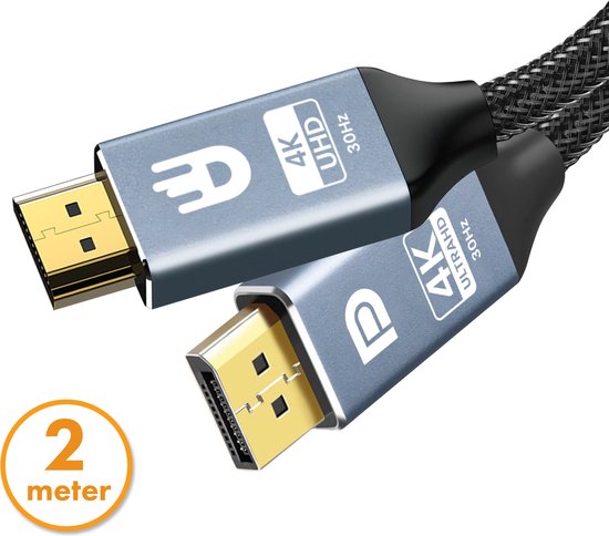 8721008212319 - Premium Displayport zu HDMI Kabel - 4K 30hz - Nylon - 2 Meter - Grau