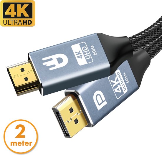 8721008212333 - Premium Displayport zu HDMI Kabel - 4K 60hz - Nylon - 2 Meter - Grau