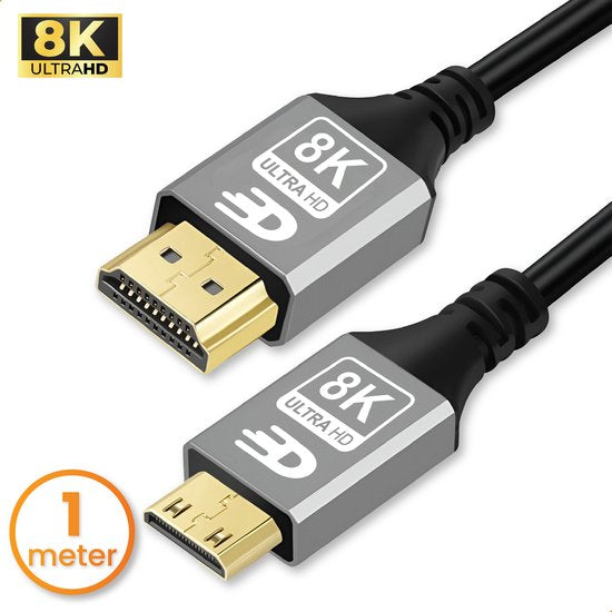 8721008212821 - Premium Mini HDMI zu HDMI Kabel 21 - 8K 60Hz   4K 120Hz Ultra HD - 1 Meter - Grau - Geeignet für Kameras Tablets und Laptops