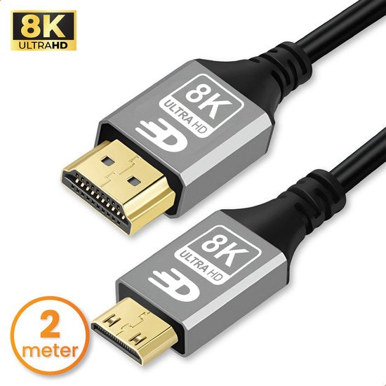 8721008212838 - Premium Mini HDMI zu HDMI Kabel 21 - 8K 60Hz   4K 120Hz Ultra HD - 2 Meter - Grau - Geeignet für Kameras Tablets und Laptops