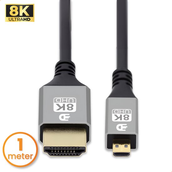 8721008212852 - Premium Micro HDMI zu HDMI Kabel 21 - 8K 60Hz   4K 120Hz Ultra HD - Geeignet für Kamera GoPro Computer - 1 Meter - Grau