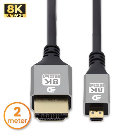 8721008212869 - Premium Micro HDMI zu HDMI Kabel 21 - 8K 60Hz   4K 120Hz Ultra HD - Geeignet für Kamera GoPro Computer - 2 Meter - Grau