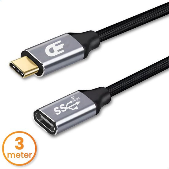 8721008212999 - USB-C-Verlängerungskabel 32 - Stecker auf Buchse - Schnellladung   Schnellladegerät - USB-C-Daten- und Ladekabel - 3 Meter - Geeignet für Samsung iPhone 15 & mehr - Grau