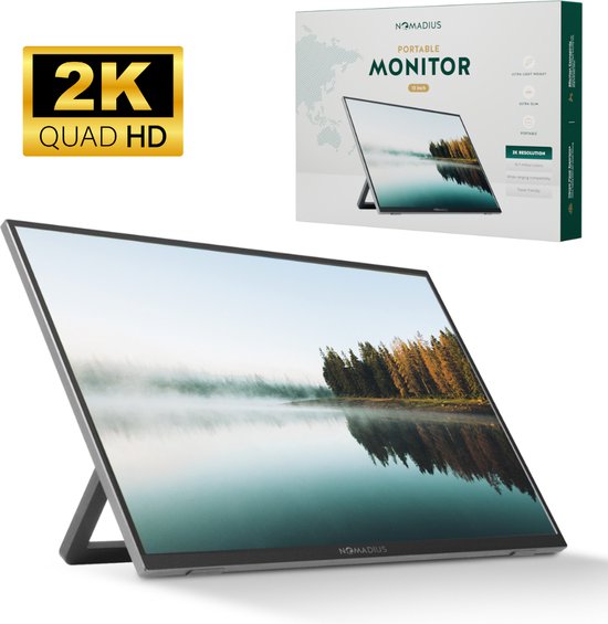 8721008631165 - Nomadius® Tragbarer Monitor - 13 Zoll 2K - Ultraleicht und dünn - Tragbarer Monitor für Laptop mit integriertem Kick-Stand - USB-C & HDMI - Zusätzlicher Laptop-Bildschirm - IPS-Display - Tragbarer Laptop-Bildschirm-Erweiterer - Plug & Play