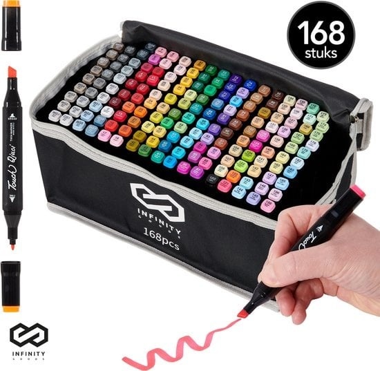 8721022430065 - Infinity Goods Twinmarkers 168 Stück - Professionelle Alkoholmarker - Doppelseitige Spitze - Marker - Aufbewahrungstasche mit Halterung