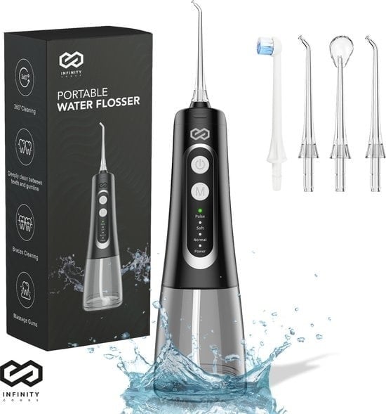 8721022430263 - Infinity Goods Water Flosser - Oral Washer - Elektrische Zahnseide - Schnurlos und wiederaufladbar - 5 Aufsätze - Schwarz