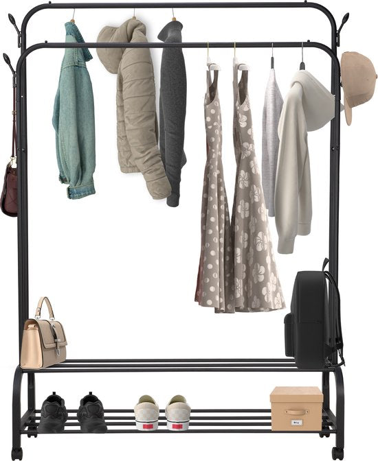 8721022431338 - Kleiderständer - Kleiderständer doppelt - Garderobenständer auf Rädern - Kleiderständer mit Schuhregal - 98 x 34 x 159 cm - Schwarz