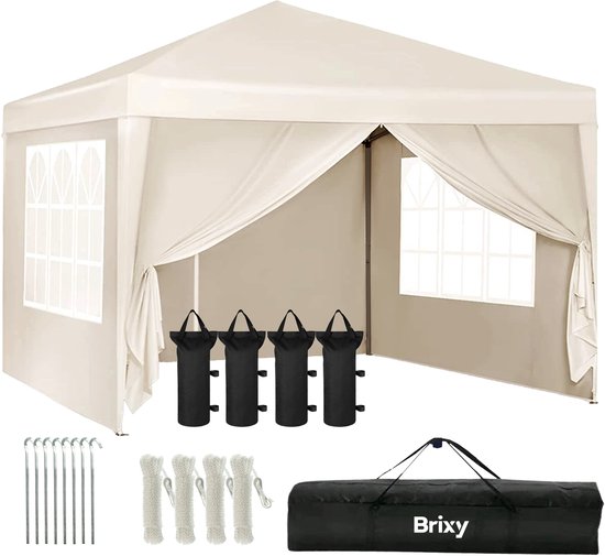 8721022431444 - Partyzelt - faltbar - einfacher Aufbau - 3x3m - wasserdicht - Pavillon mit Seitenwänden - inkl Tragetasche - Creme