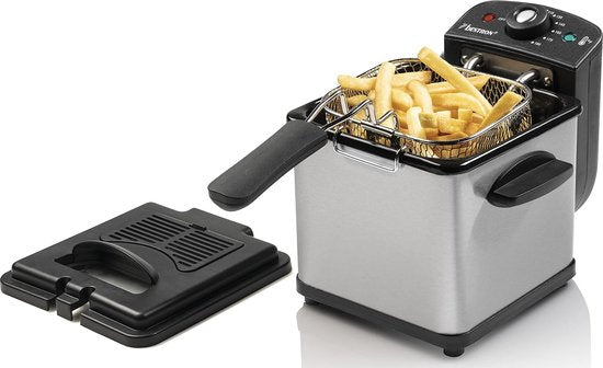 8721022861906 - kleine Fritteuse Mini-Fritteuse für 1 Portion Pommes frites Bitterballen oder Snacks mit Kaltzonen-Technologie & Temperaturregler bis 190°C inkl Edelstahlkorb Sichtfenster & Ölfilter Farbe silber