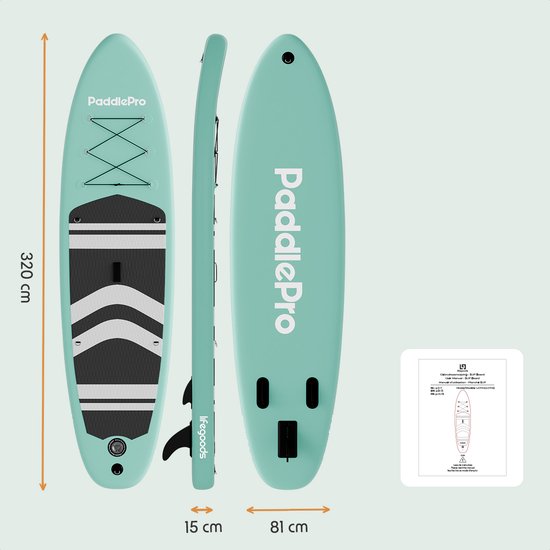 8721055560227 - PaddlePro SUP Board - mit Sitz - Aufblasbares Paddle Board - Komplettset - Max 135KG - 320x81cm - Pastellgrün