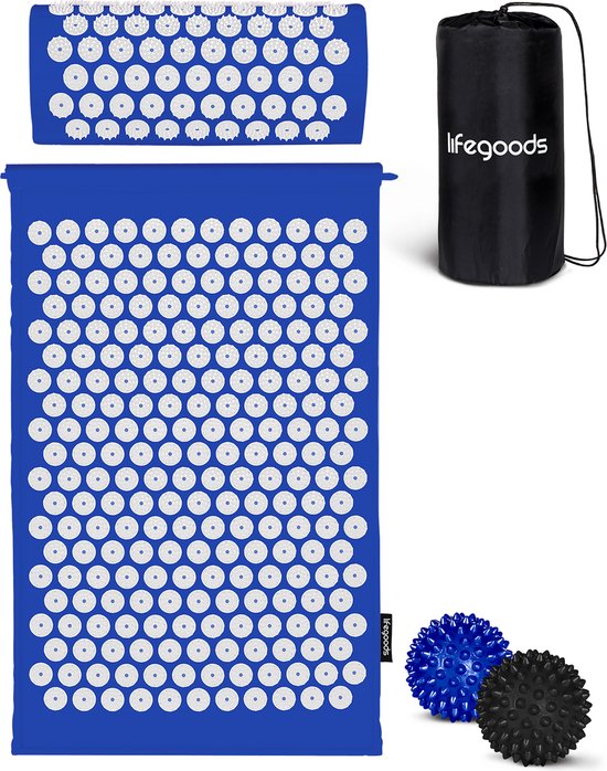 8721055561880 - Akupressurmatte mit Kissen - Shakti Matte - Nagelmatte inkl 2x Triggerpunkt Ball - 66x40x2cm - Blau Weiß