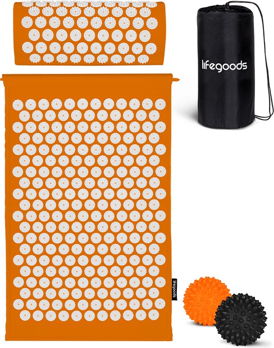 8721055561897 - Akupressurmatte mit Kissen - Shakti Matte - Nagelmatte inkl 2x Triggerpunkt Ball - 66x40x2cm - Orange Weiß