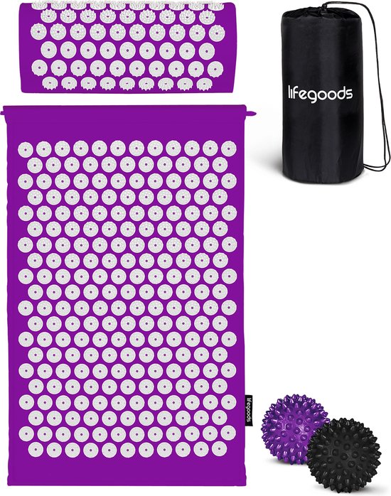 8721055561903 - Akupressurmatte mit Kissen - Shakti Matte - Nagelmatte inkl 2x Triggerpunkt Ball - 66x40x2cm - Lila Weiß