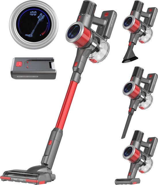 8721055563891 - Auronic Cordless Stick Staubsauger - 350W Leistungsstarker Motor - Extra Akku - Bis zu 45 min Betriebsdauer - Leicht & wendig - Rot Grau