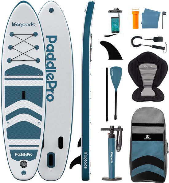 8721055564102 - PaddlePro SUP Board - mit Sitz - Aufblasbares Paddle Board - Komplettset - Max 135KG - 320x81cm - Weiß Tief Aqua
