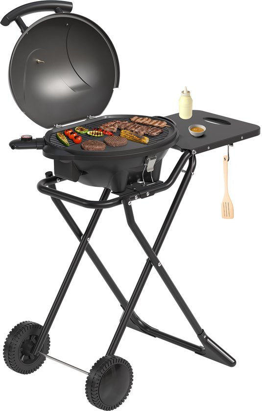 8721055564614 - Elektrogrill - klappbar - Grill mit Rädern - Antihaftbeschichtung - Beistelltisch - bis zu 250°C - 2400W - Schwarz