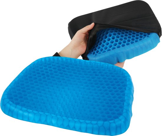 8721055880592 - druckentlastendes Gel-Sitzkissen - Gel-Kissen mit waschbarem Bezug - medizinisches Qualitätsgel - rutschfeste Unterlage - stützt den Rücken - belüftet und kühlt