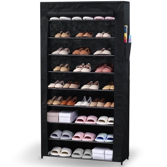 8721082009218 - Klappbarer Schuhschrank - 9 Lagen - 98 x 28 x 160 cm - Stoffgarderobe - Kleiderschrank - Schwarz