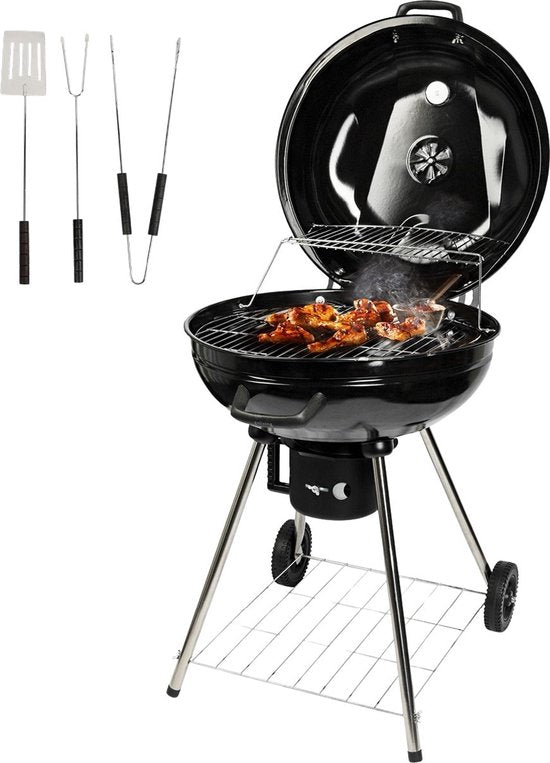 8721082009775 - Holzkohlegrill - Ã˜54 cm - Inklusive Zubehör - Holzkohlegrill auf Rädern - XXL BBQ mit Deckel - Rund - 65 x 89 cm - Schwarz - Metall