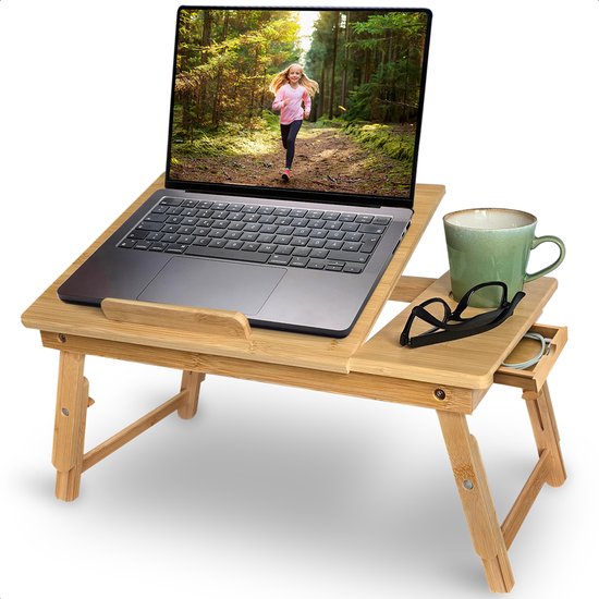 8721082009782 - Laptop-Tisch - Ausklappbar auf 39 cm Höhe - Verstellbare & klappbare Arbeitsfläche - Ergonomischer Laptop-Tisch - Bank-Tisch - Bett-Tisch - Laptop-Ständer - Holz