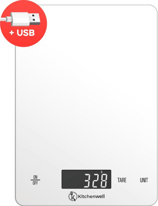 8721082275248 - Digitale Präzisionsküchenwaage - Küchenwaage - 1gr - 15kg - Tara-Funktion - USB wiederaufladbar - Weiß