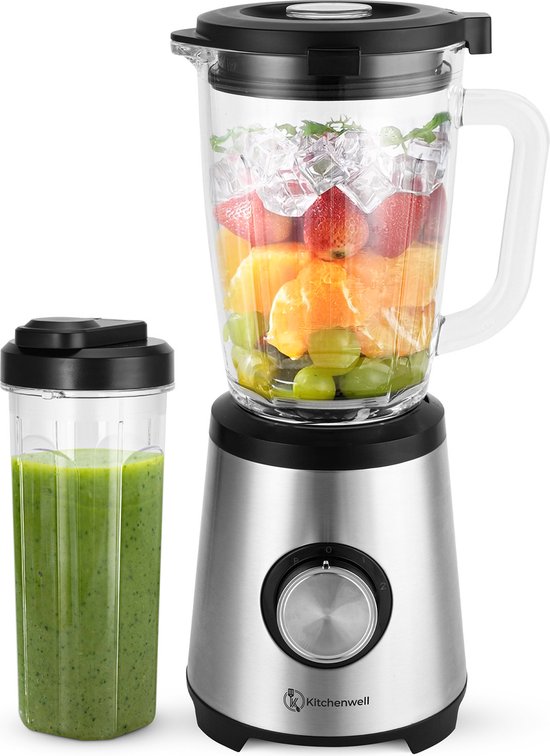 8721082275262 - Mixer - Leistungsstarker 1300 Watt Smoothie Mixer mit To-Go Cup - 175 Liter - Glaskrug - 3 Ständer - Edelstahl Grau