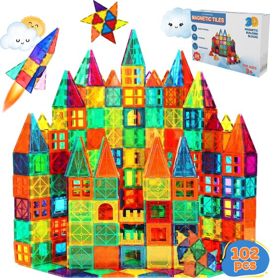 8721082709071 - - Magnetische Fliesen - Magnetisches Spielzeug - 102 Teile - Konstruktionsspielzeug - Magnetische Fliesen - Montessori-Spielzeug - Magnetisches Spielzeug - Magnetische Bauklötze - Spielzeug für Kinder