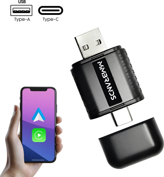 8721082709118 - 2-in-1 Carplay Dongle - Wireless Carplay - Geeignet für Apple Carplay & Android Auto - USB-A & USB-C - Schwarz