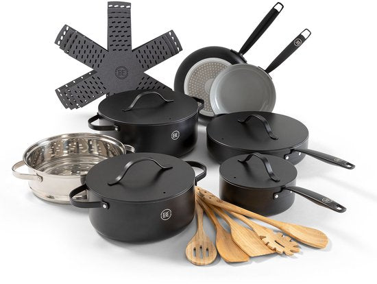 8721082715423 - Essential 6-teiliges Kochgeschirrset - Bratpfannen + Schmortopf + Kasserolle + Soßentopf + Dampfgarer + Kochutensilien + Pfannenschutz - Mit Deckel - Keramik - PFAS frei - Induktion - Schwarz