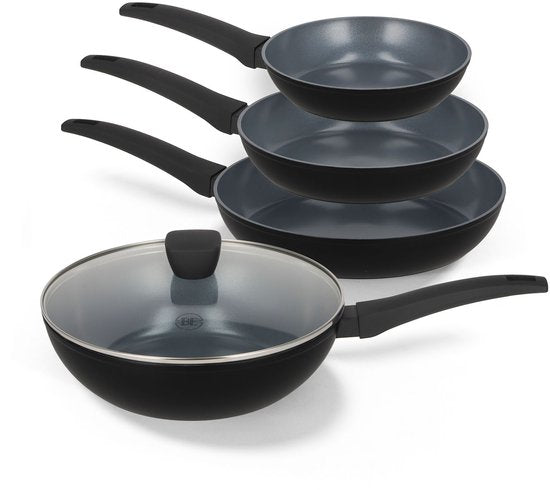 8721082715652 - Delight 4-teiliges Bratpfannenset - Ø 20 24 & 28 cm Bratpfanne + Ø 28 cm Wokpfanne mit Deckel - Bratpfannenset - Keramik - PFAS frei - Induktion - Schwarz
