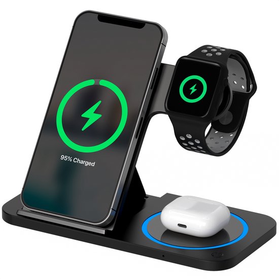 8721098880351 - 3-in-1 Wireless Charger - Ladestation - 15W Schnellladegerät - faltbar - geeignet für iOS & Android Apple Watch AirPods und Wireless Earphones - Schwarz