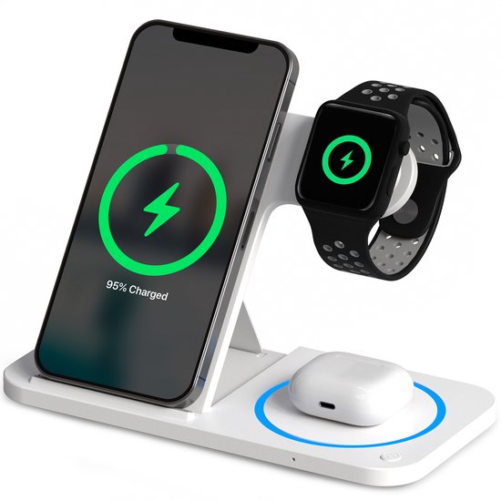 8721098880368 - 3-in-1 Wireless Charger - Ladestation - 15W Schnellladegerät - faltbar - geeignet für iOS & Android Apple Watch AirPods und Wireless Earphones - Weiß