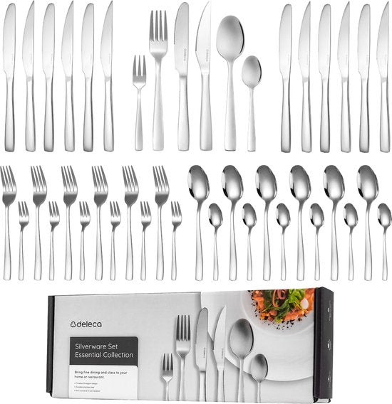 8721139360163 - 6 Personen Besteckset Essential (36 Teile) - Löffel Messer Gabeln Steakmesser & Kuchengabeln - Spülmaschinenfestes Besteck - Glänzend Silber   Edelstahl